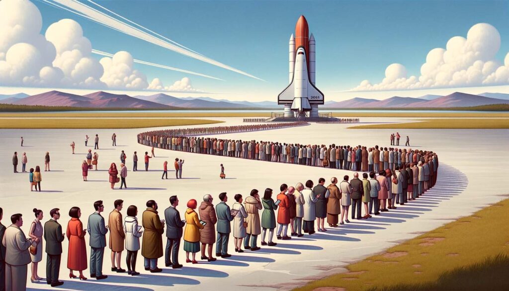 People are lining up to board a spaceship