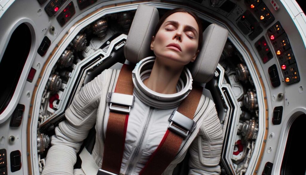 Female astronaut experiencing gravitational forces during launch