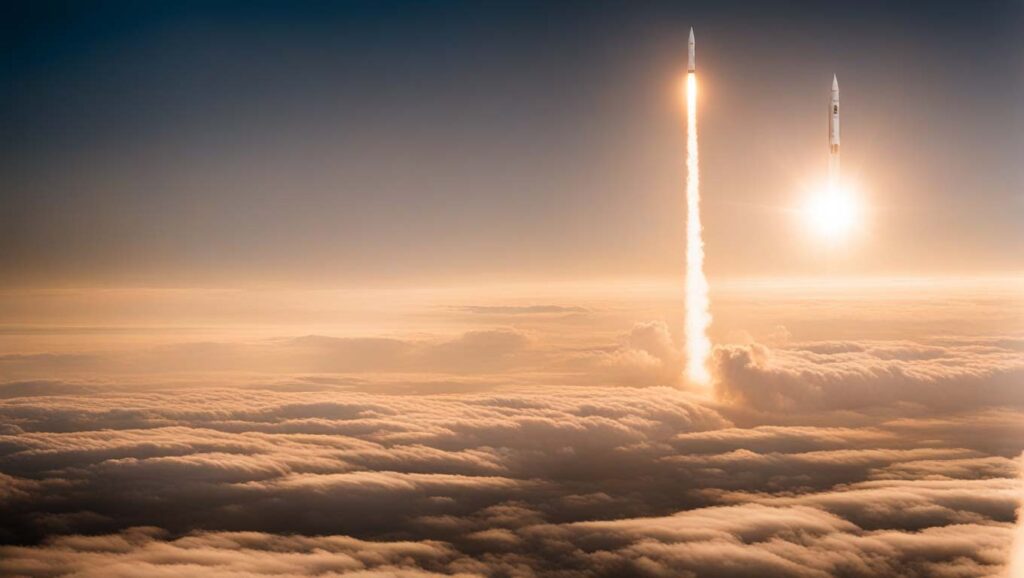 Two spaceships launching through clouds
