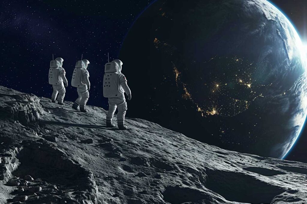 
ChatGPT
A group of astronauts walking on the moon's surface, with a detailed Earth in the backdrop showcasing continents illuminated by city lights against the dark side of the planet.
